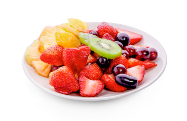  fresh fruits on plate isolated on white background