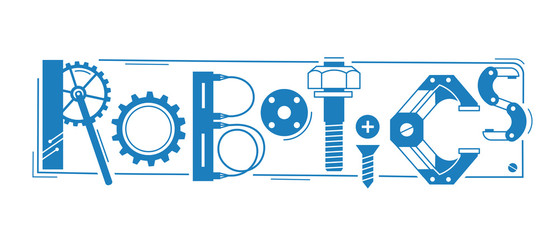 Robotics word. The inscription and letters are stylized in the form of details of robots and mechanisms.