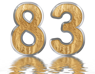 Numeral 83, eighty three, reflected on the water surface, isolated on white, 3d render