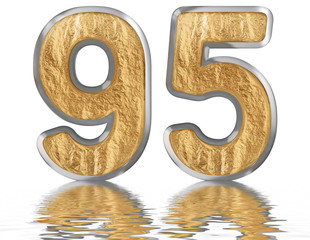 Numeral 95, ninety five, reflected on the water surface, isolated on white, 3d render