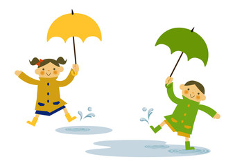 レインコートを着た子供 雨のイメージイラスト 梅雨の季節の為のイラストレーション 子供と雨のイラストレーション 季節のクリップアート Art Wall Mural A Tomoko Arakawa