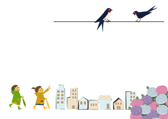 レインコートを着た子供 雨のイメージイラスト 梅雨の季節の為のイラストレーション 子供と雨のイラストレーション 季節のクリップアート Wall Mural Tomoko Arakawa