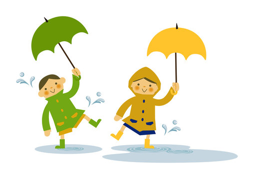 レインコートを着た子供。 雨のイメージイラスト。 梅雨の季節の為のイラストレーション。 子供と雨のイラストレーション。 季節のクリップアート。