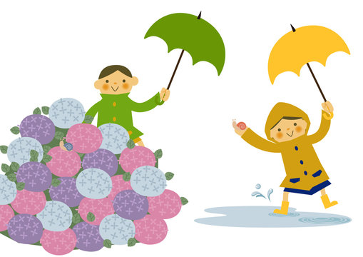 レインコートを着た子供。 雨のイメージイラスト。 梅雨の季節の為のイラストレーション。 子供と雨のイラストレーション。 季節のクリップアート。