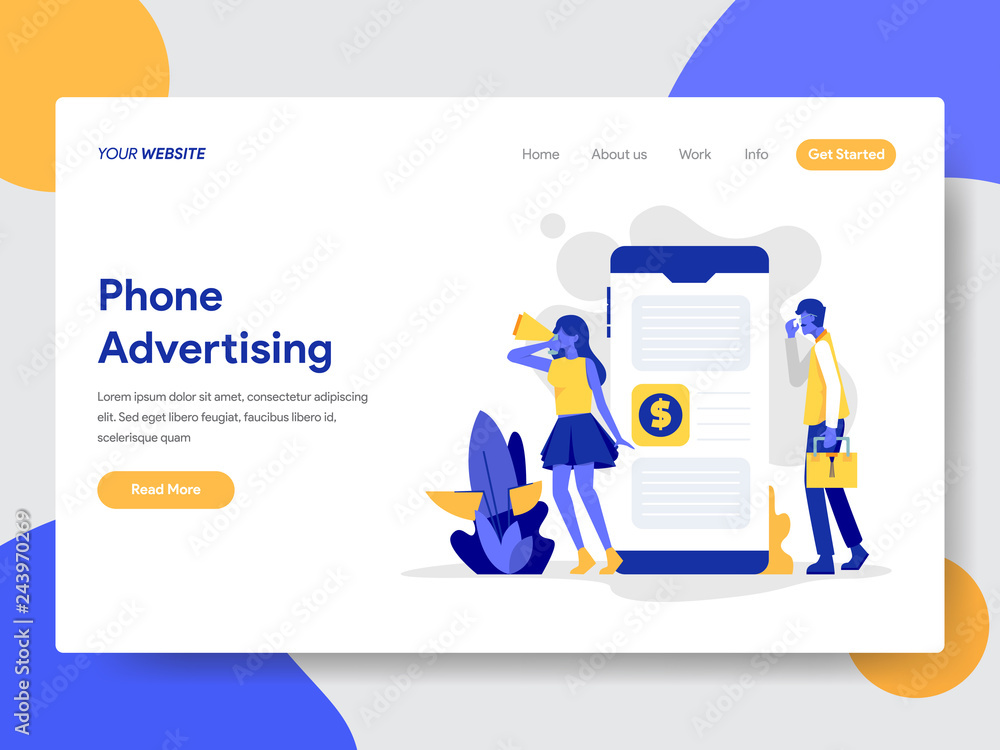 Poster landing page template of mobile phone advertising concept. modern flat design concept of web page de