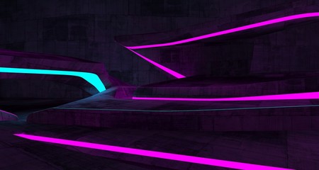 Abstract  Concrete Futuristic Sci-Fi interior With Pink And Blue Glowing Neon Tubes . 3D illustration and rendering.