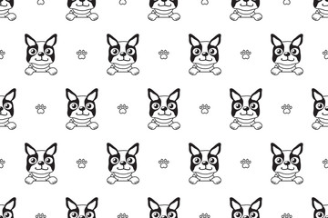 Vector cartoon character boston terrier dog seamless pattern for design.