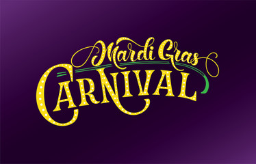 Mardi Gras logotype. Festival vector banner. Illustration of Mardi Gras festival design on textured background. Green, yellow and violet lettering typography for logo, poster, card, postcard.