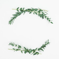 Floral frame with eucalyptus branches on white background. Flat lay, top view