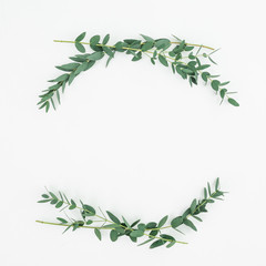 Floral frame with eucalyptus branches on white background. Flat lay, top view © artifirsov