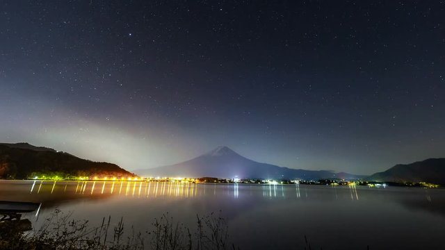 Astro Timelapse of Stars over Mt. Fuji at Reflective Lake in Japan --Tilt Up