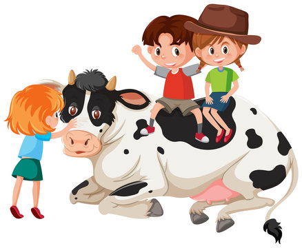 Children and cow on white background
