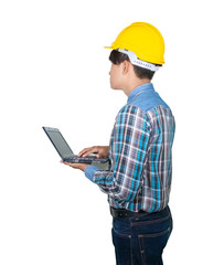 Engineer while holding using Laptop and head wear yellow safety helmet plastic . Concept Work construction on white background