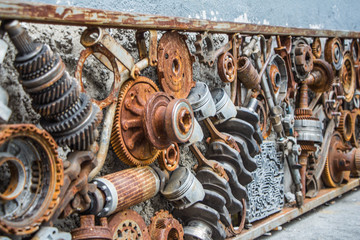 metal vintage machinery and engine parts gathered in patterns as steampunk background