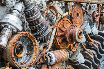 metal vintage machinery and engine parts gathered in patterns as steampunk background