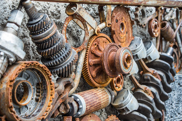 metal vintage machinery and engine parts gathered in patterns as steampunk background
