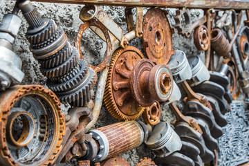 metal vintage machinery and engine parts gathered in patterns as steampunk background
