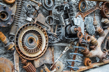 metal vintage machinery and engine parts gathered in patterns as steampunk background