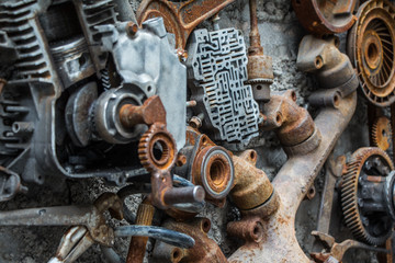 metal vintage machinery and engine parts gathered in patterns as steampunk background