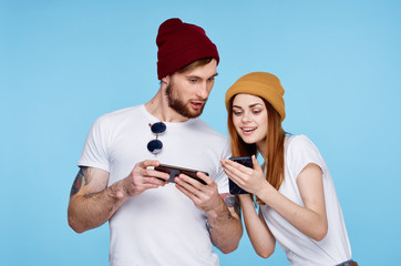 young couple on a blue background