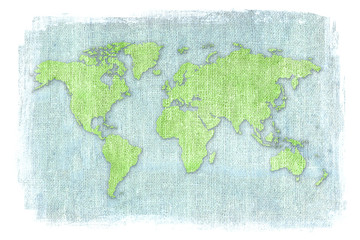 Textured illustration of map of the world with burlap linen background. White edges. Vintage style with stained edges.