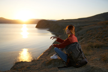 sunset sea hike woman