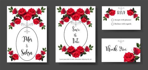 Set of wedding Invitation card templates with of beautiful red rose -vector - Vector