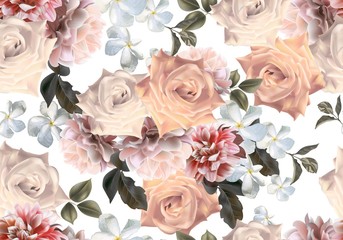 Floral seamless pattern romantic styles.Roses and chrysanthemum flowers on white background -vector - Vector