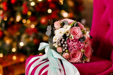 beautiful bouquet with roses on the couch
