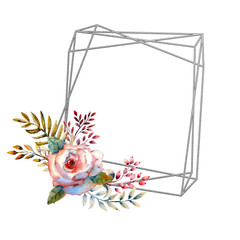 Set of flower branches. Pink rose flower, green leaves, red . Wedding concept with flowers. Floral poster, invitation. Watercolor arrangements for greeting card or invitation design. silver frame