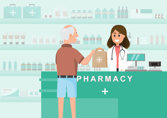 pharmacy with nurse in counter. drugstore cartoon character