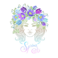Vector girl decorative hairstyle with flowers, leaves in hair in doodle style. Nature, ornate, floral illustration and hand sketched lettering Hallo summer. Zentangle hand drawn coloring book page