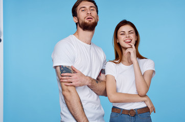 young couple on a blue background logo