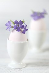 Easter. Symbols of Easter. Beige eggs with purple flowers on a  wooden table on a  blurred background. Spring holiday