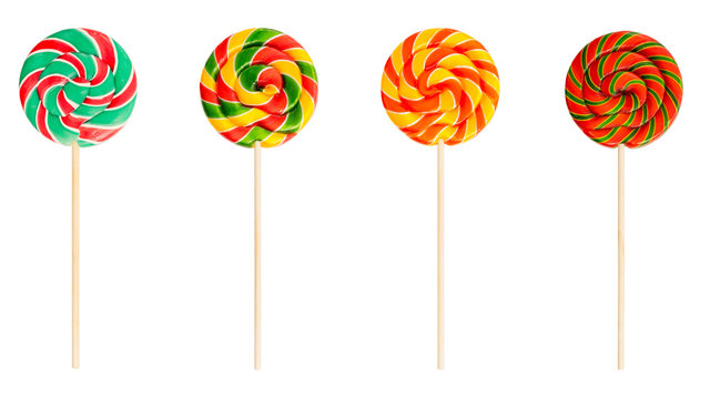 spiral lollipops isolated on white background. Set of colorful red, green and yellow sweet candys