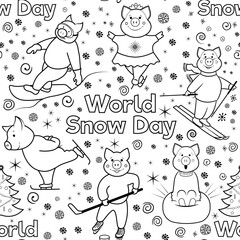 Seamless pattern with characters involved in winter sports. World Snow Day. Pigs skier, skater, snowboarder, skater .. Black and white illustration of lines. Vector.