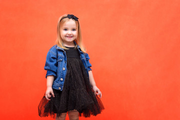 Concept portrait of a cute beautiful girl child dancing, talking, smiling
