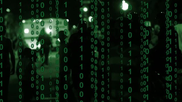Crowd of people and emergency vehicles with binary computer  code overlay