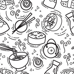 seamless pattern with asian snacks, tea, noodles and Sushi rolls traditional seaweed. Asia cuisine restaurant.