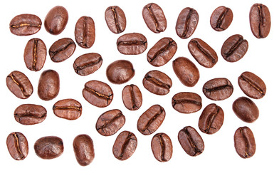 Collection of fresh roasted coffee beans isolate on white background..