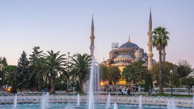Sultan Ahmed Mosque night to day time lapse in Istanbul, Turkey