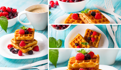 waffle dessert fruit berries fresh sweet wooden background
