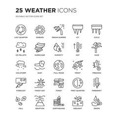 Set of 25 Weather linear icons such as Last quarter, Isobars, Indian summer, Icy, Icicle, Haze, Freezing, Farenheit, Eruption, vector illustration of trendy icon pack. Line icons with thin line - obrazy, fototapety, plakaty