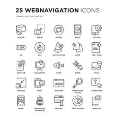 Set of 25 Webnavigation linear icons such as Return, Resize, Repeat, Pause, Options, Next Page, Minus, Lowercase, vector illustration of trendy icon pack. Line icons with thin line stroke.