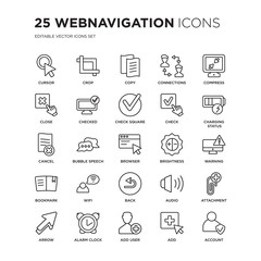 Set of 25 Webnavigation linear icons such as Cursor, Crop, Copy, Connections, Compress, Charging status, Warning, Attachment, vector illustration of trendy icon pack. Line icons with thin line stroke.