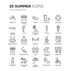 Set of 25 Summer linear icons such as Pamela hat, Pair flip flops, Ocean, Lime juice, Life guard, Ice cream, Food stand, vector illustration of trendy icon pack. Line icons with thin line stroke.