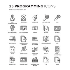 Set of 25 Programming linear icons such as Seo Configuration, SEO Cloud, Badge, and web, Seo, Screen, Php, vector illustration of trendy icon pack. Line icons with thin line stroke.