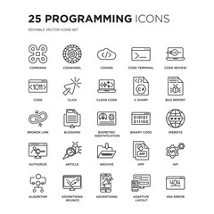 Set of 25 Programming linear icons such as Command, Cogwheel, Coding, Code terminal, review, Bug report, Website, Api, vector illustration of trendy icon pack. Line icons with thin line stroke.
