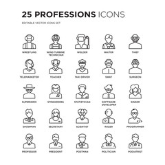 Set of 25 Professions linear icons such as Wrestling, Wind Turbine Technician, Welder, Waiter, Thief, Surgeon, Singer, vector illustration of trendy icon pack. Line icons with thin line stroke.