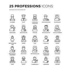 Set of 25 Professions linear icons such as Plumber, Pilot, Physician Assistant, Photographer, Pharmacist, Office worker, Miner, vector illustration of trendy icon pack. Line icons with thin line